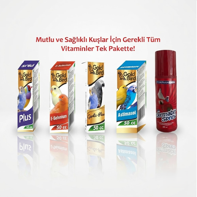 : Gold Bird Muhabbet Kuş Vitamin Seti  Ve Dermo Bit Spreyi 200 Ml  (5'li Tam Set )Kafes Kuşları İçin Vitamin Seti 